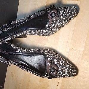Life Stride "Adorn" Black/Brown/White Boulce Fabric Sling-back Heels, Size 8.5M